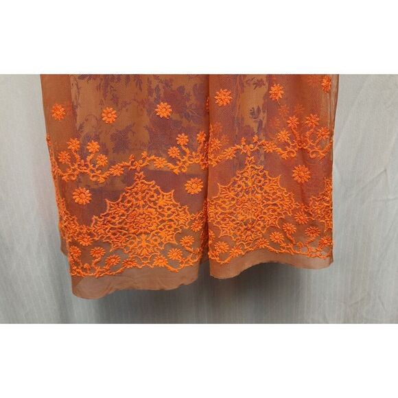 Anthropologie Uncle Frank Embroidered Mesh Overlay Neon Orange Floral Dress Sz M - Picture 6 of 8